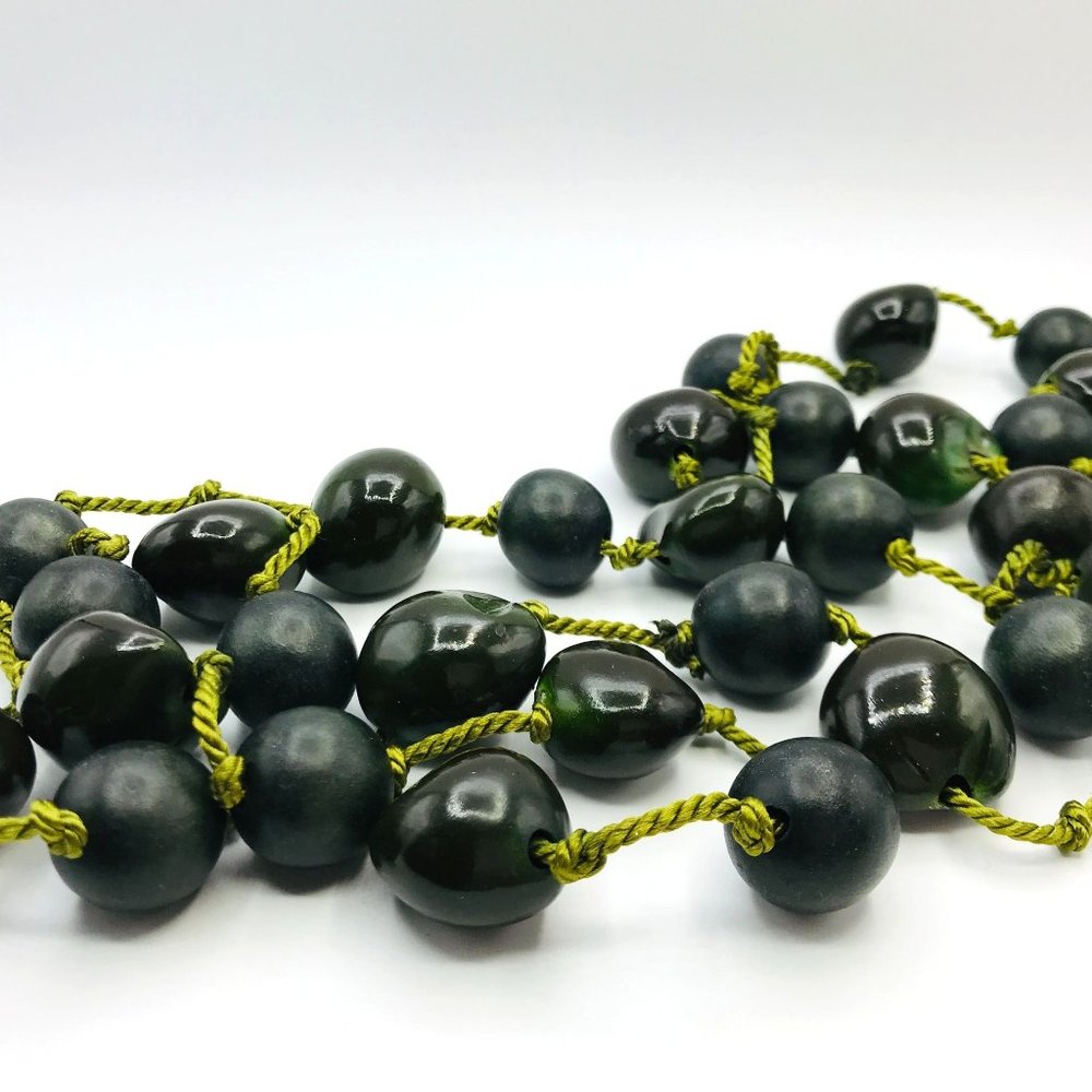 Vintage necklace wooden army green beads olive green cord with knots 60" length